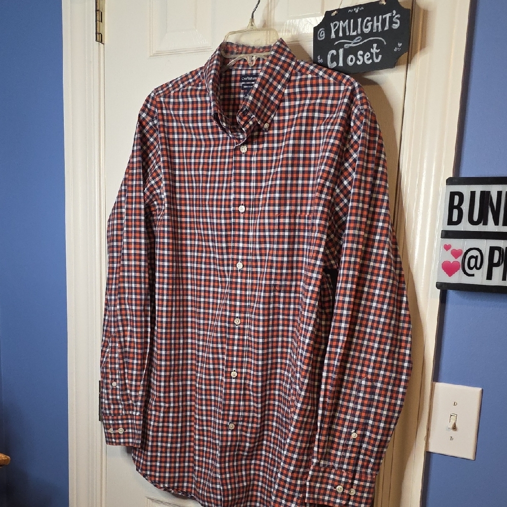 Croft & Barrow Plaid Button-Down Shirt 17 34/35 Navy Orange White Long Sleeve